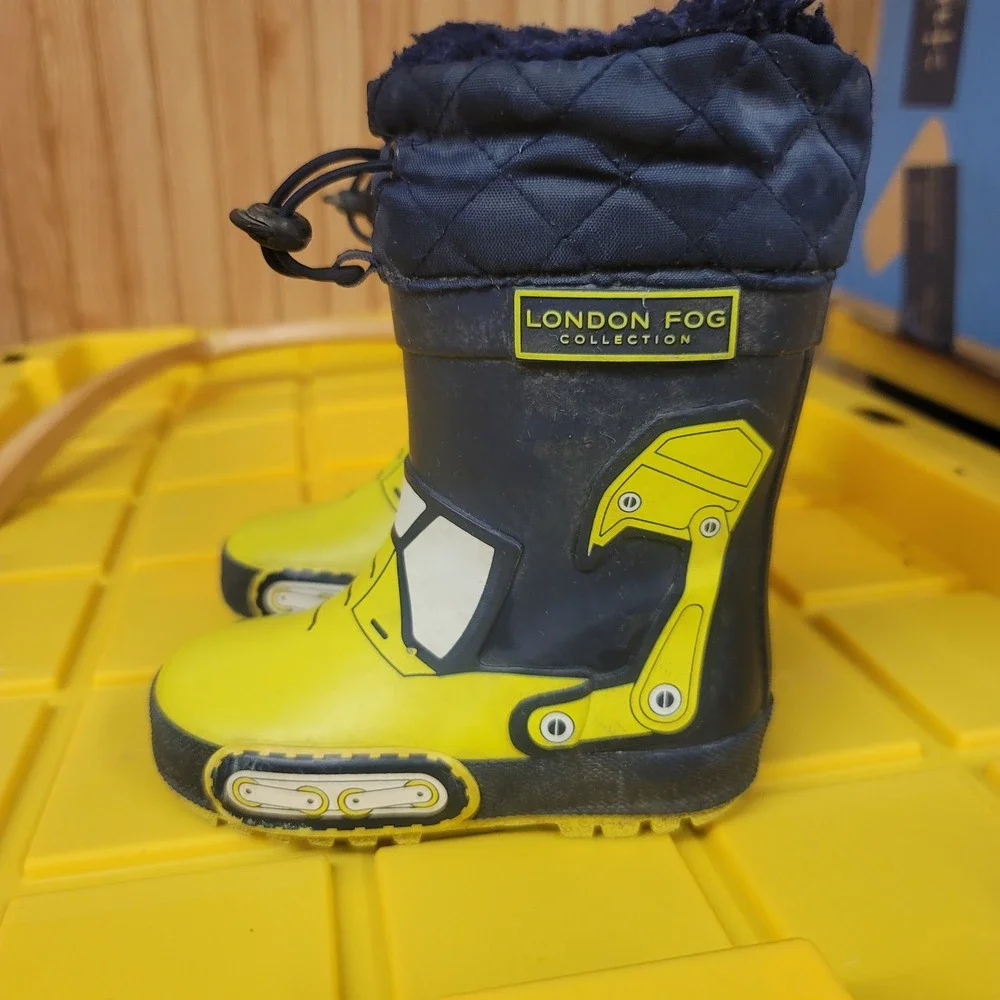 London Fog Kids Navy Yellow‎ Construction Excavator Rain Boots Size 7 Toggle Fur